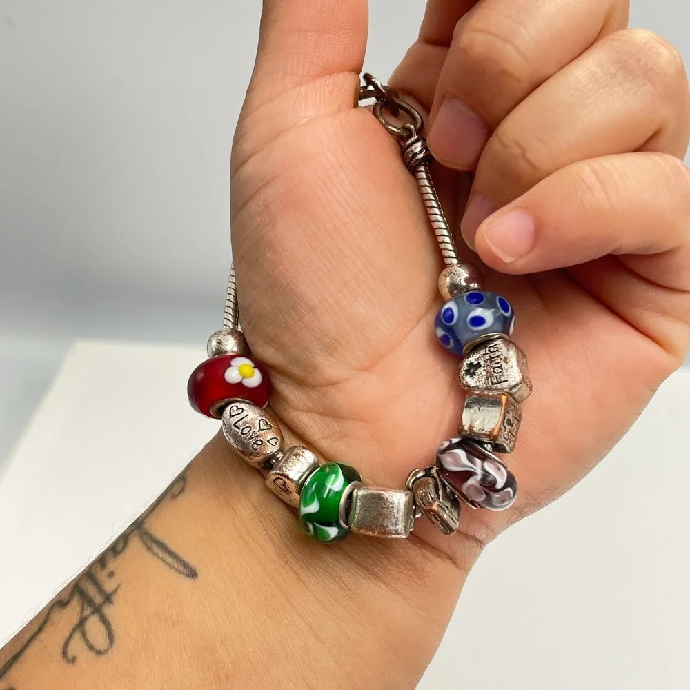 Vintage Y2K Silver Charm Bracelet Beaded Faith Hope Love Religious Jewelry Retro